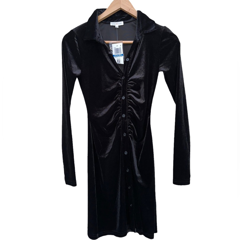 Ultra Flirt | Long Sleeve Ruched Front Mini Dress | Velvet | Black | NWT | XS